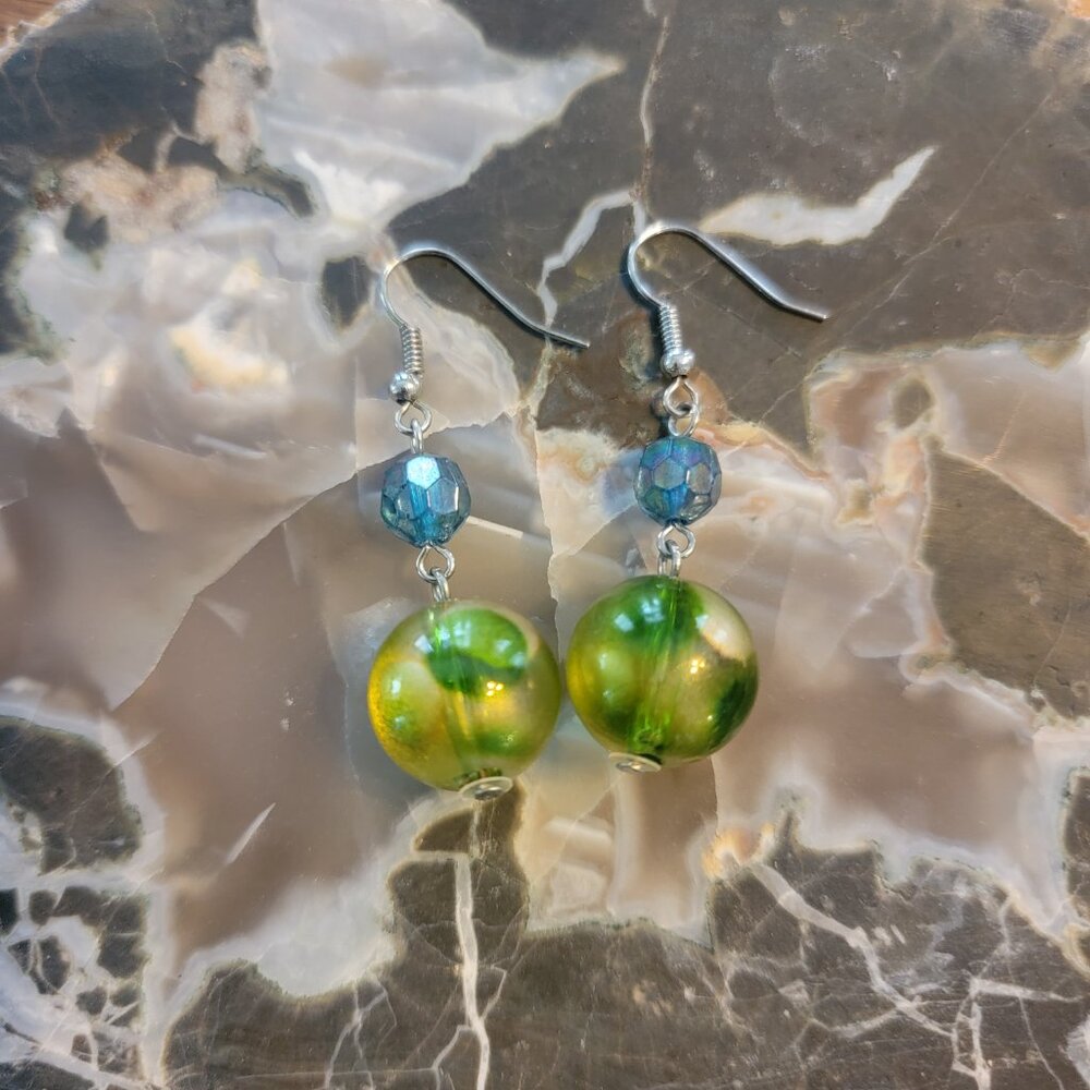Blue & Green Beaded French Wire Dangle Earrings - Picture 6 of 7